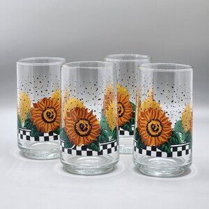 VTG Crisa Glassware Clear Drinking Glasses Set of 4 Sunflowers Checkerboard 12oz